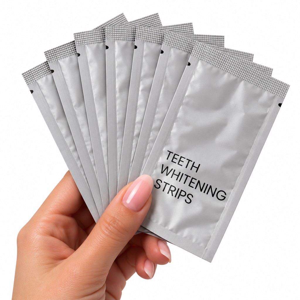 Einzeln verpackte SWISH! Teeth Whitening Strips in der Hand