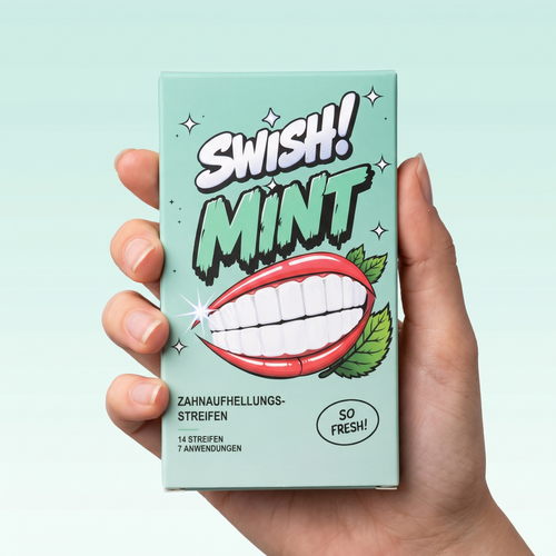 Hand hält SWISH! Mint Zahnaufhellungsstreifen