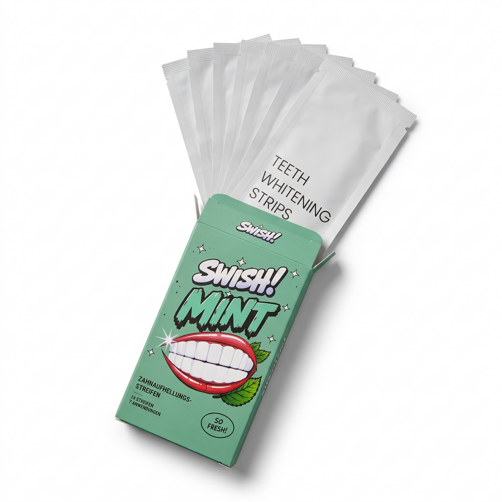 Geöffnete SWISH! Mint Packung mit Teeth Whitening Strips